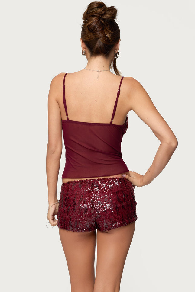 Azelia Beaded Sheer Mesh Top - Burgundy