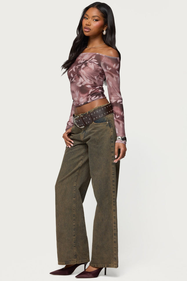 Off Shoulder Printed Sheer Mesh Top