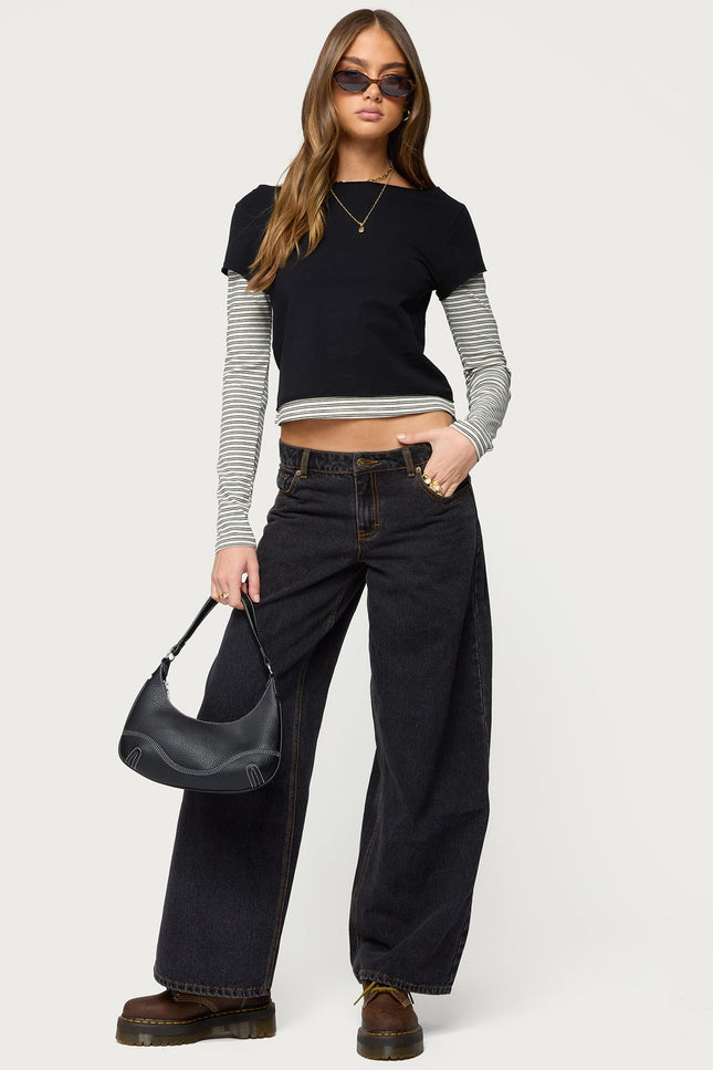 Layered Stripey Long Sleeve T Shirt - Black