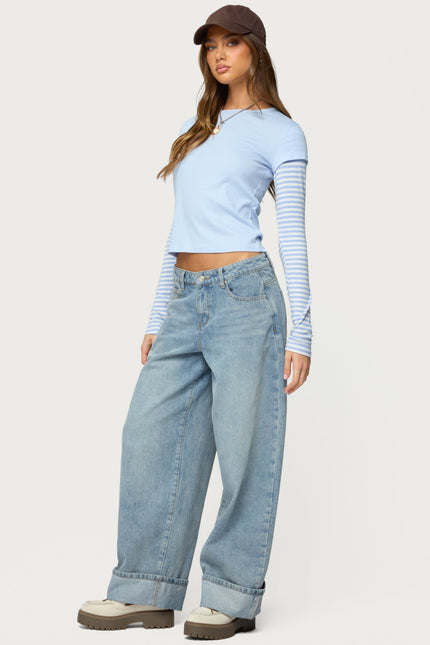 Stripey Layered Long Sleeve T Shirt - Light Blue