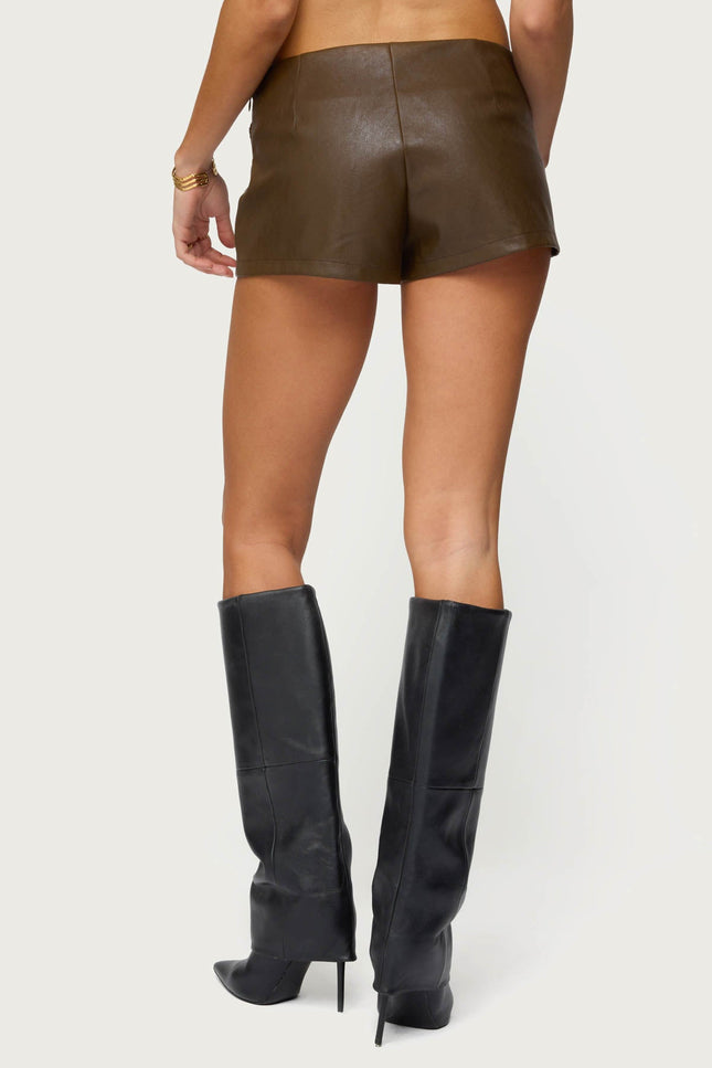 Reese Studded Faux Leather Micro Shorts - Brown