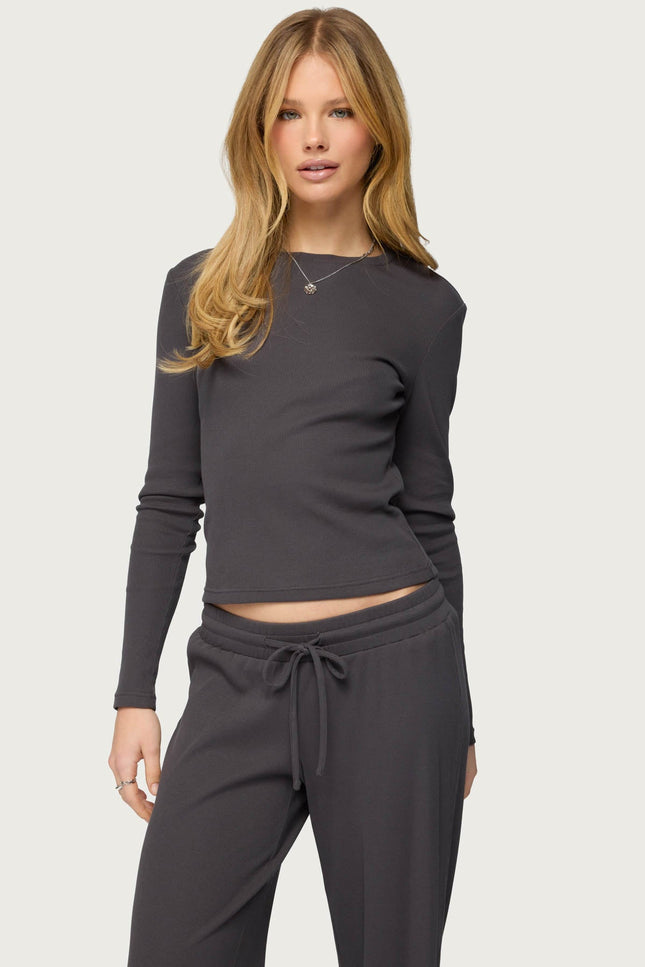 Cicilia Long Sleeve Ribbed T Shirt - Dark Gray