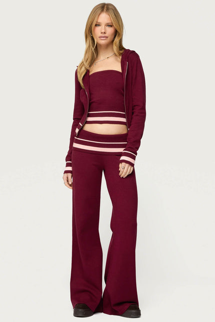 Kaliya Stripey Knit Zip Up Hoodie - Burgundy