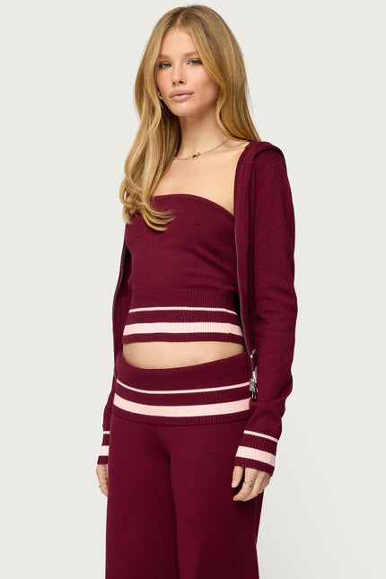 Kaliya Stripey Knit Zip Up Hoodie - Burgundy
