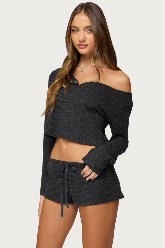 Teddy Cropped Waffle Top - Black