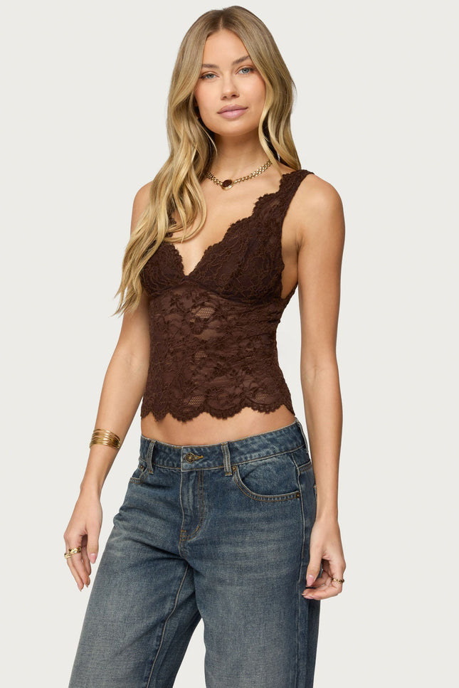 Araura Lace Velvet Floral Top - Dark Brown