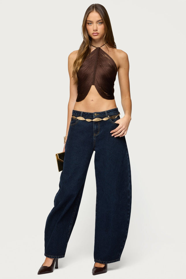 Hara Fringed Crisscross Backless Top - Brown