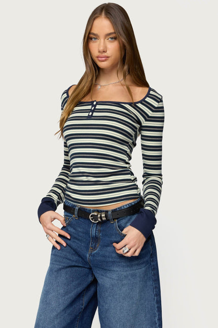 Jaida Striped Henley Top - Blue