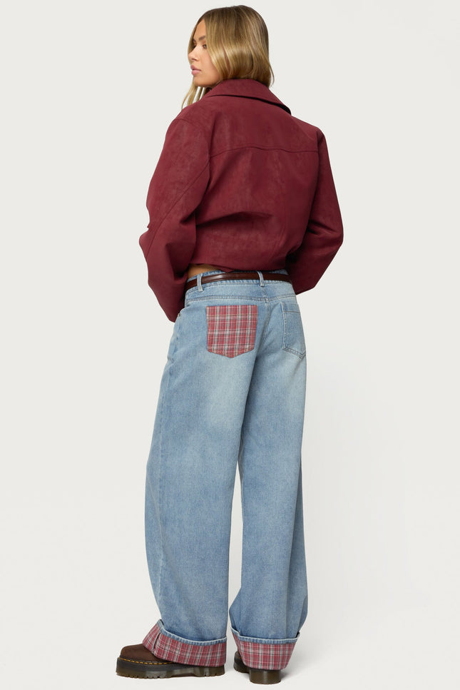 Plaid Cuffed Low Rise Baggy Jeans - Light Blue