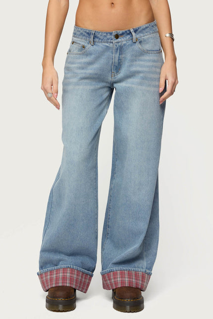 Plaid Cuffed Low Rise Baggy Jeans - Light Blue