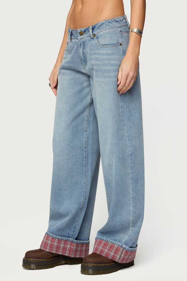 Plaid Cuffed Low Rise Baggy Jeans - Light Blue