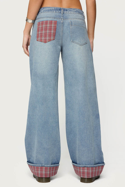 Plaid Cuffed Low Rise Baggy Jeans - Light Blue