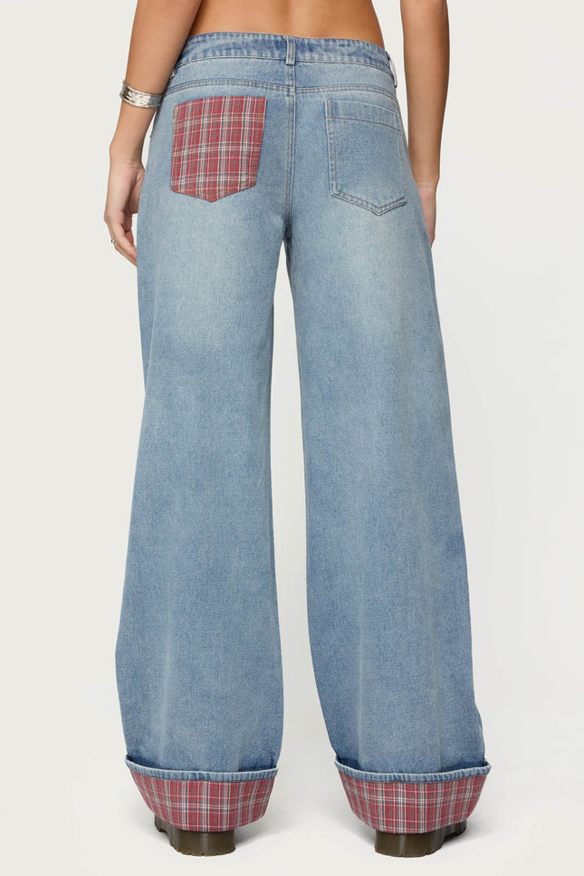 Plaid Cuffed Low Rise Baggy Jeans - Light Blue