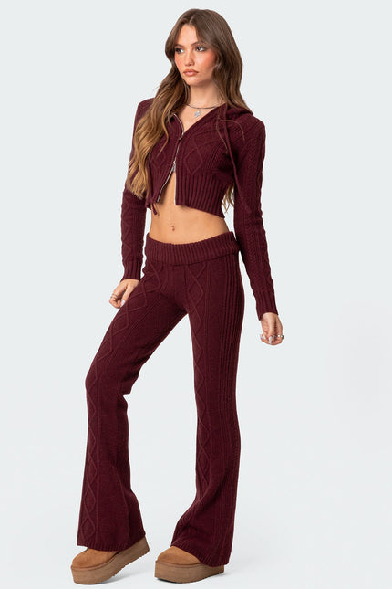 Ray Cable Knit Hooded Cardigan - Burgundy