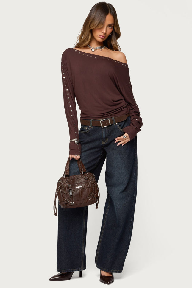 Paola Off Shoulder Stud Top - Brown