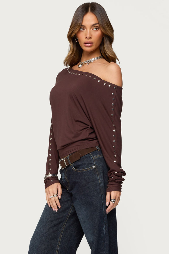 Paola Off Shoulder Stud Top - Brown