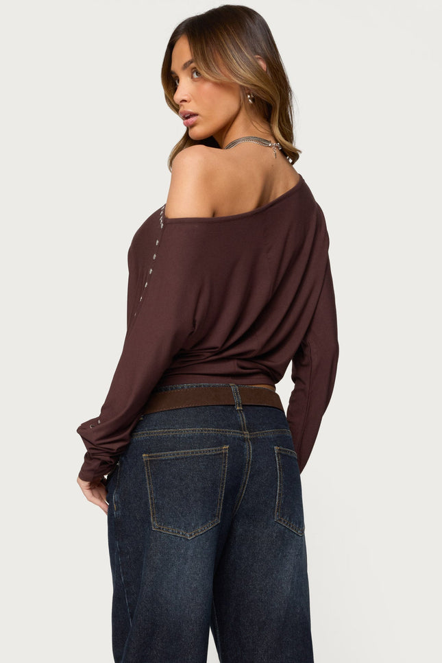 Paola Off Shoulder Stud Top - Brown