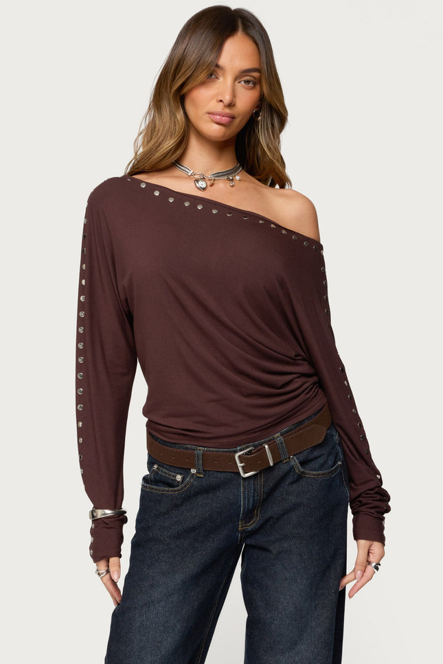 Paola Off Shoulder Stud Top - Brown