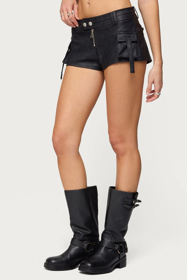 Washed Faux Leather Micro Cargo Shorts - Black