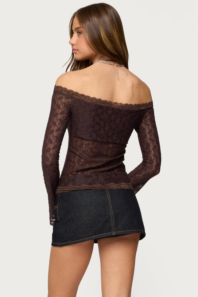 Built In Bra Off Shoulder Lace Top - Brown