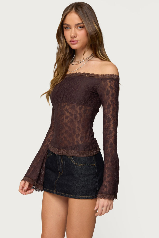 Built In Bra Off Shoulder Lace Top - Brown