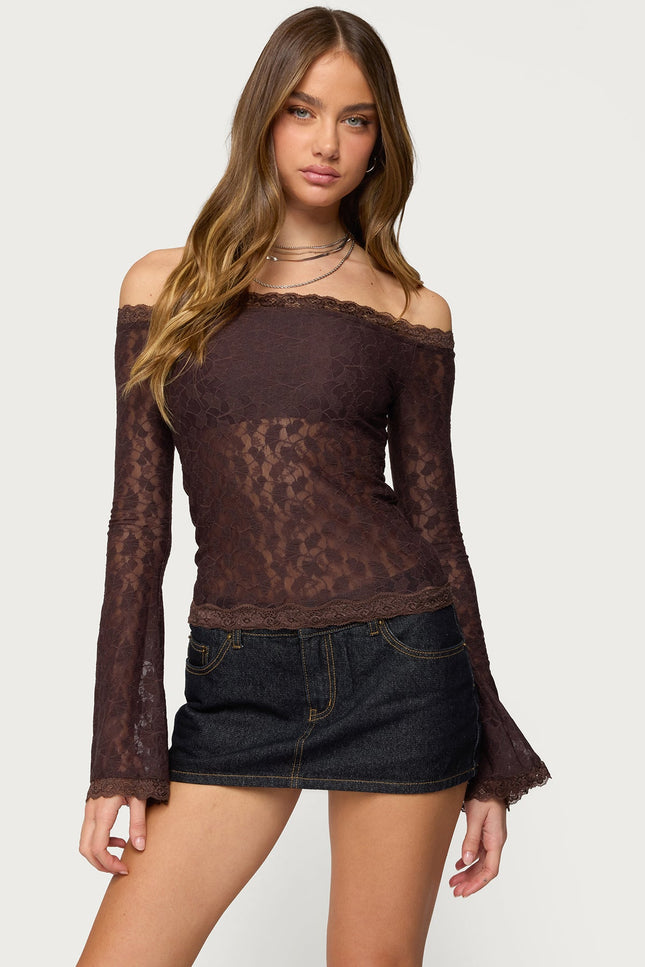 Built In Bra Off Shoulder Lace Top - Brown
