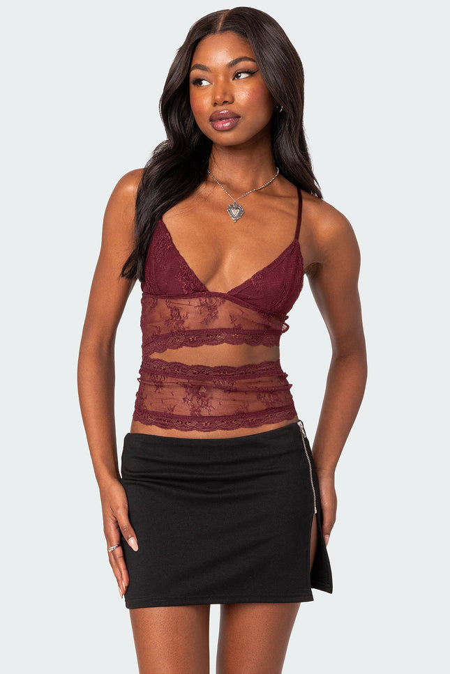 Spice Cut Out Sheer Lace Tank Top - Burgundy