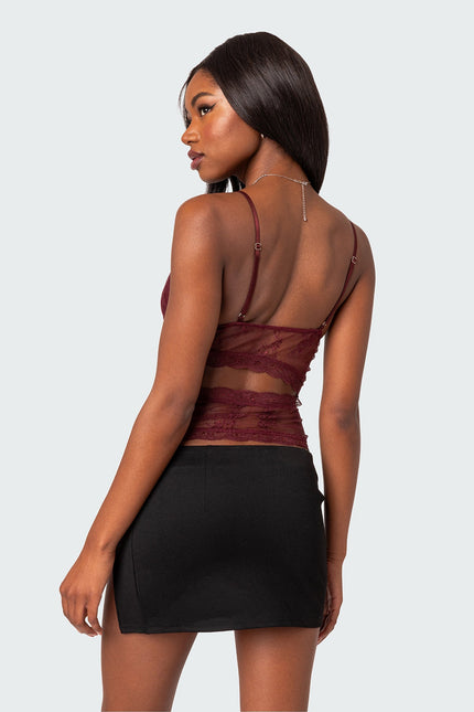 Spice Cut Out Sheer Lace Tank Top - Burgundy