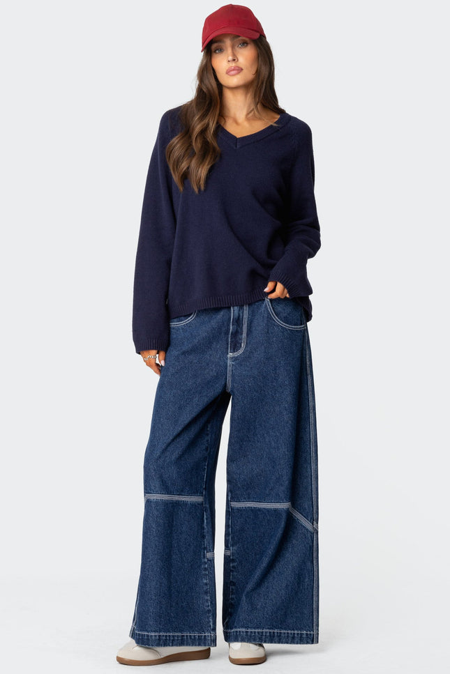 Martha Oversized V Neck Sweater - Navy