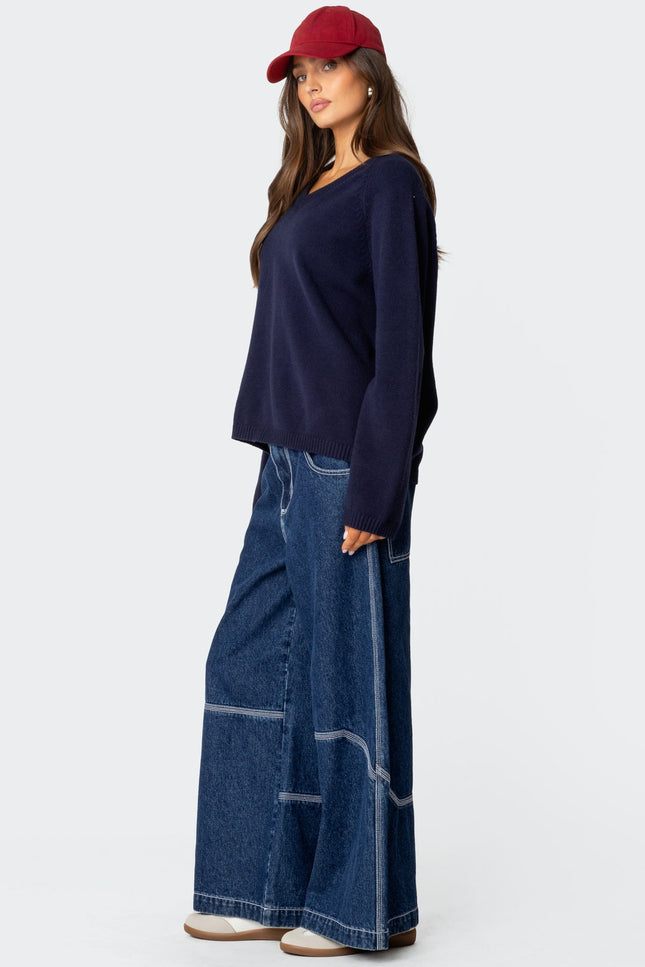 Martha Oversized V Neck Sweater - Navy