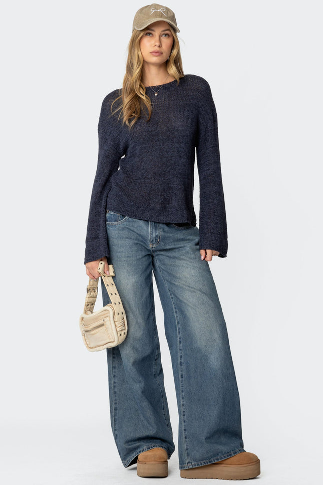 Drop Shoulder Light Knit Sweater - Navy