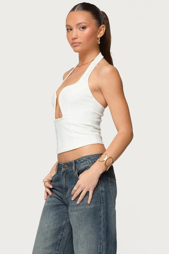 Stassy Abstract Cutout Halter Top - White
