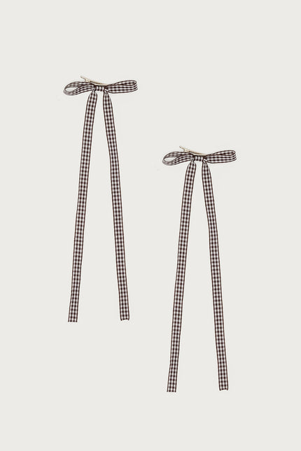 Gingham Bow Hair Clip Set - Brown
