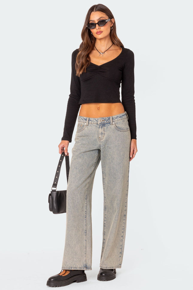 Nat Ruched V Neck Top - Black