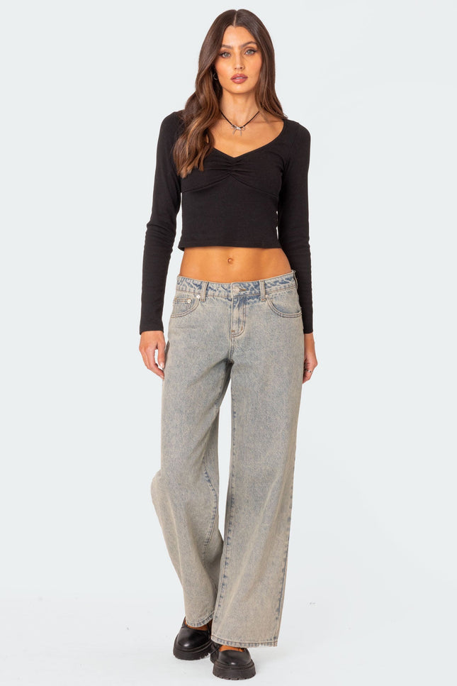 Nat Ruched V Neck Top - Black