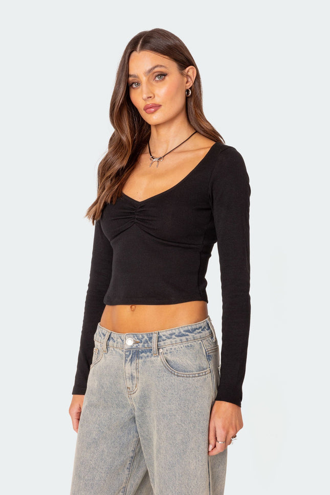Nat Ruched V Neck Top - Black