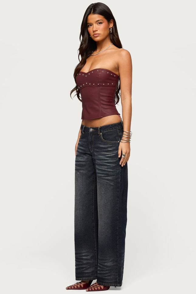 Izara Studded Faux Leather Corset - Burgundy