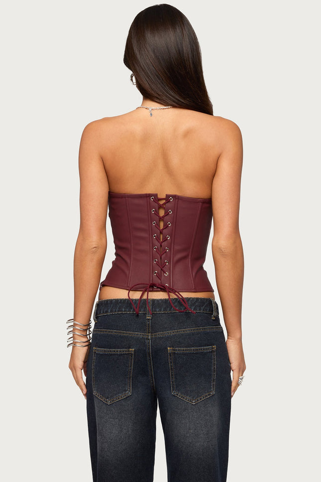 Izara Studded Faux Leather Corset - Burgundy
