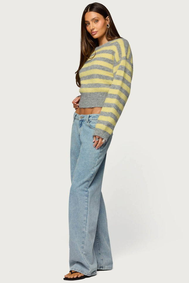 Penelope Fuzzy Striped Sweater - Gray And Yellow