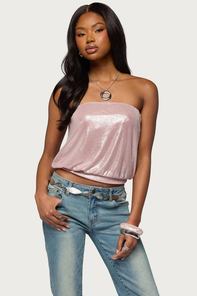 Leira Silky Sparkly Strapless Top - Pink