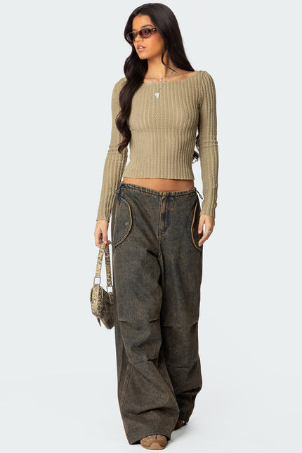 Textured Sheer Boat Neck Top - Olive