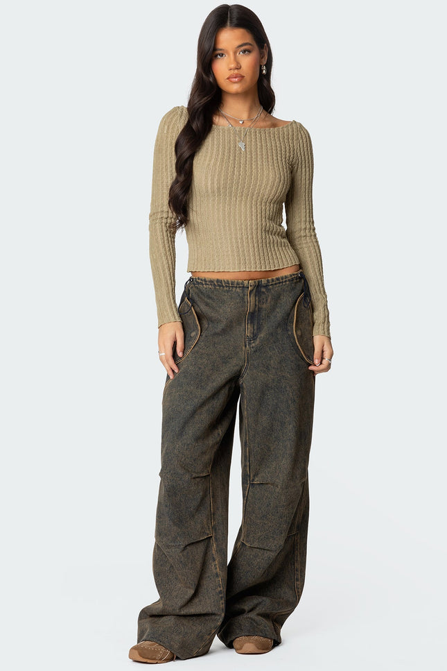 Textured Sheer Boat Neck Top - Olive