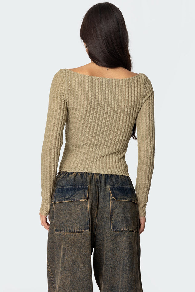 Textured Sheer Boat Neck Top - Olive
