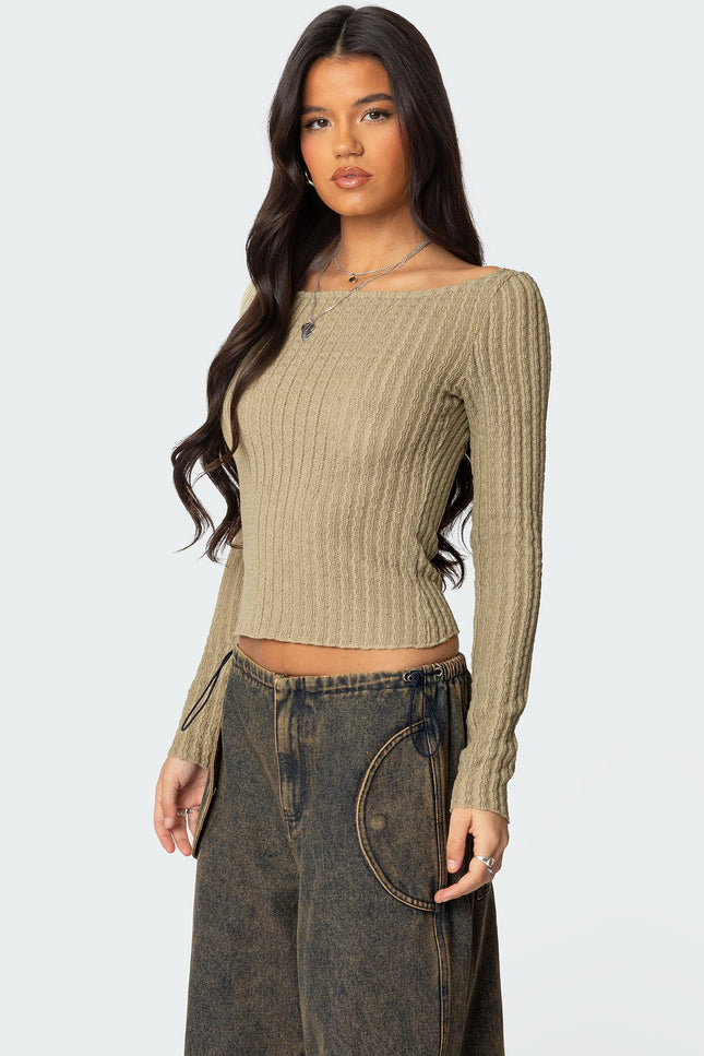 Textured Sheer Boat Neck Top - Olive