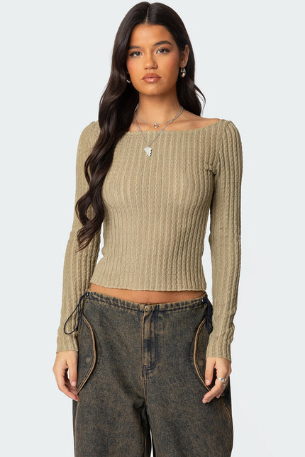 Textured Sheer Boat Neck Top - Olive