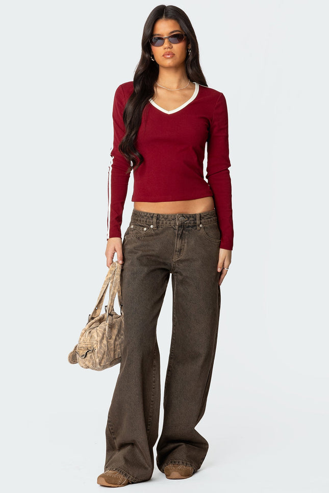 Contrast V Neck Long Sleeve T Shirt - Burgundy