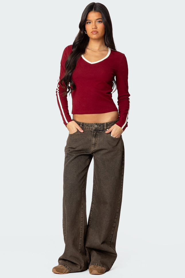Contrast V Neck Long Sleeve T Shirt - Burgundy