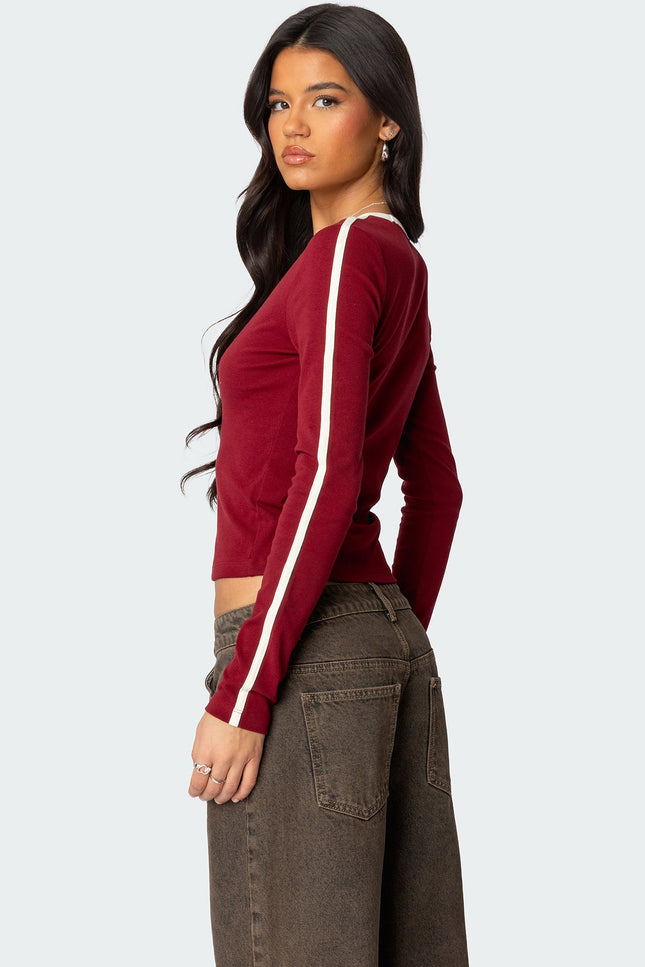 Contrast V Neck Long Sleeve T Shirt - Burgundy