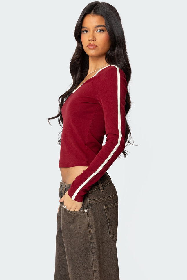 Contrast V Neck Long Sleeve T Shirt - Burgundy