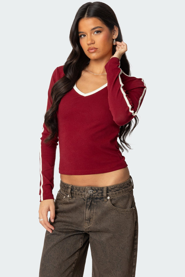 Contrast V Neck Long Sleeve T Shirt - Burgundy